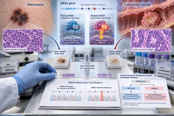Understand NRAS mutation testing in melanoma and colorectal cancer, including positive and negative results, RAS treatment implications, methods, and follow-up.