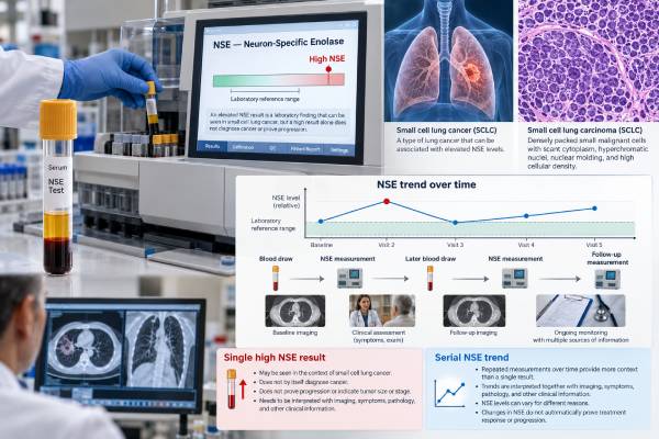 NSE Test for Lung Cancer: Small Cell Lung Cancer Marker, High Levels, and Monitoring Learn what an NSE blood test means in small cell lung cancer, why levels can be high, how hemolysis causes false elevations, and how serial NSE trends may support treatment and recurrence monitoring.