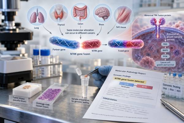 Learn what an NTRK fusion test means, how NTRK1/2/3 fusions are detected, why they are tumor-agnostic markers, and how positive results guide TRK therapy.