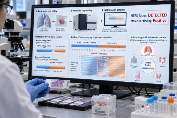 NTRK Fusion Test for Lung Cancer: Gene Fusion, Tumor-Agnostic Marker, and Molecular Meaning Understand NTRK fusion testing in lung cancer, including tumor-agnostic meaning, RNA NGS, pan-TRK IHC, positive results, negative-result limits, and next steps.