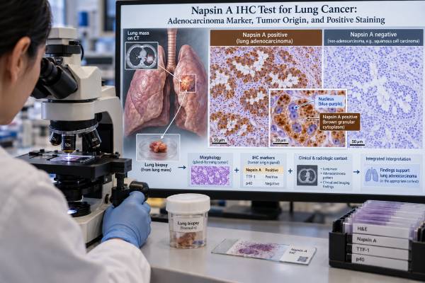 Napsin A IHC Test for Lung Cancer: Adenocarcinoma Marker, Tumor Origin, and Positive Staining Learn how Napsin A IHC supports lung adenocarcinoma diagnosis, what positive granular cytoplasmic staining means, why negative results do not exclude lung cancer, and when other tumor origins must be considered.