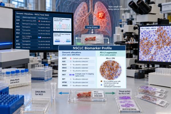 Non-Small Cell Lung Cancer Biomarker Test: Driver Mutations, PD-L1, and Molecular Profile Understand NSCLC biomarker testing for driver mutations, gene fusions, PD-L1 TPS, molecular profiling, liquid biopsy, negative results, resistance testing, and treatment-related next steps.