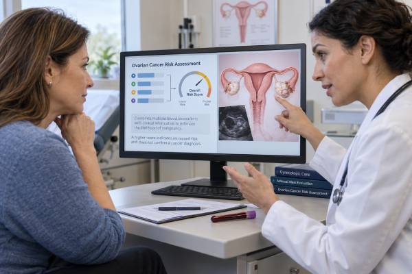 Learn how the OVA1 test combines five biomarkers into an ovarian malignancy risk score, what the 5.0 and 4.4 cutoffs mean, and when the test is used.