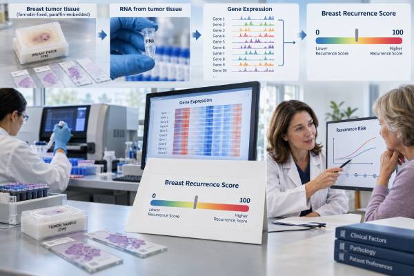 Oncotype DX Breast Recurrence Score Test: Recurrence Risk, Genomic Score, and Prognosis Oncotype DX measures 21 tumor genes to produce a Breast Recurrence Score from 0 to 100; learn how node status, age, menopause, and pathology shape recurrence risk and chemotherapy decisions.