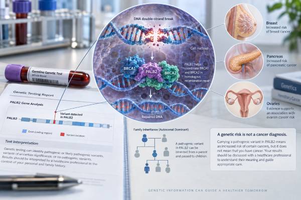 Understand PALB2 mutation testing, hereditary breast, pancreatic, and ovarian cancer risks, DNA-repair biology, variant meaning, screening, and family testing.