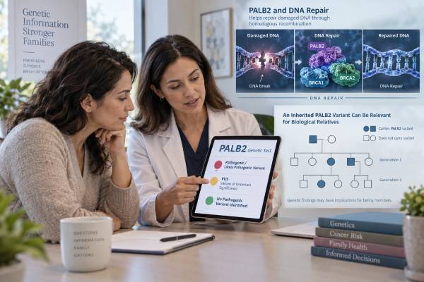 PALB2 Test for Breast Cancer: Cancer Risk, DNA Repair, Variant Meaning, and Family Risk PALB2 testing can reveal inherited DNA-repair variants linked to breast and family cancer risk; learn what positive, negative, and uncertain results mean and how they affect screening.