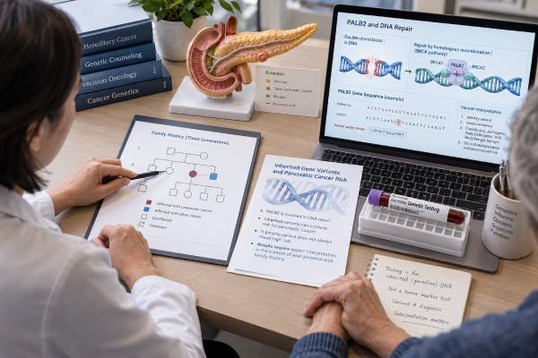 PALB2 Test for Pancreatic Cancer: DNA Repair Marker, Hereditary Risk, and Variant Meaning Learn what a PALB2 result means in pancreatic cancer, how germline and tumor variants differ, why platinum sensitivity matters, and when hereditary family testing is needed.
