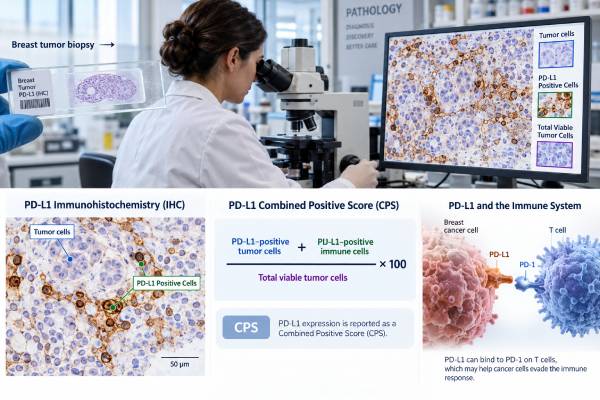 PD-L1 Test for Breast Cancer: Immunotherapy Marker, CPS Score, and Expression Meaning PD-L1 testing in breast cancer uses tumor-tissue immunohistochemistry and CPS scoring; learn why CPS 10 matters in metastatic TNBC and why early-stage treatment is different.