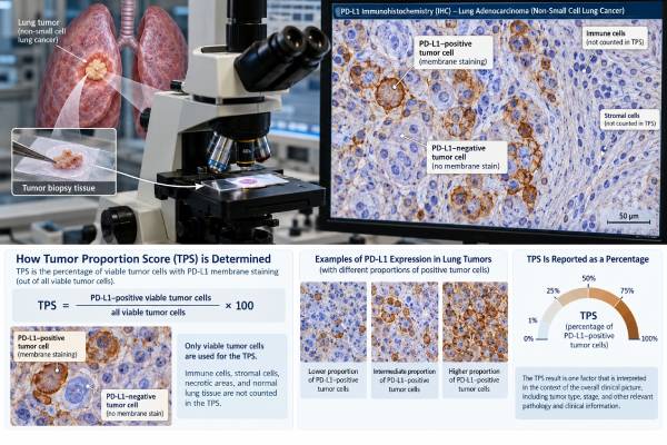 PD-L1 Test for Lung Cancer: TPS Score, Protein Expression, and Result Meaning Understand the PD-L1 test for lung cancer, including TPS score ranges, protein-expression meaning, assay differences, result limits, and how PD-L1 guides NSCLC treatment.