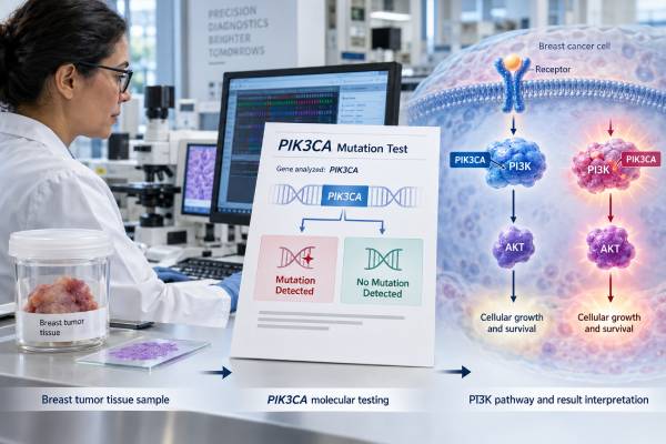 PIK3CA Mutation Test for Breast Cancer: Mutation Status, PI3K Pathway, and Result Meaning PIK3CA testing detects PI3K-pathway mutations in breast cancer; learn how tissue and ctDNA results are interpreted and how positive findings can guide targeted therapy.