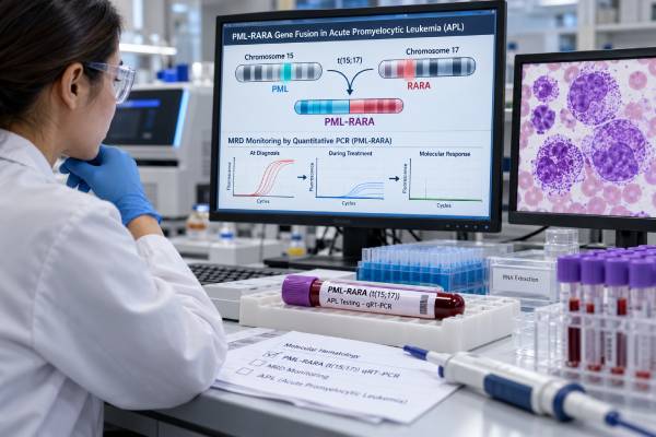 PML-RARA Fusion Test: Acute Promyelocytic Leukemia, Gene Fusion, and MRD Monitoring Learn how PML-RARA testing confirms acute promyelocytic leukemia, how PCR and FISH differ, and how molecular MRD monitoring detects persistent or recurrent APL.
