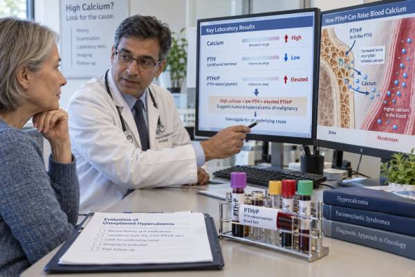 Understand why PTHrP is tested in high calcium, what elevated PTHrP can mean, how humoral hypercalcemia of malignancy is identified, and why kidney function and assay type matter.