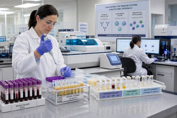 Understand primary immunodeficiency blood testing, immunoglobulins, vaccine responses, lymphocyte subsets, complement, neutrophil function, genetics, and diagnosis.