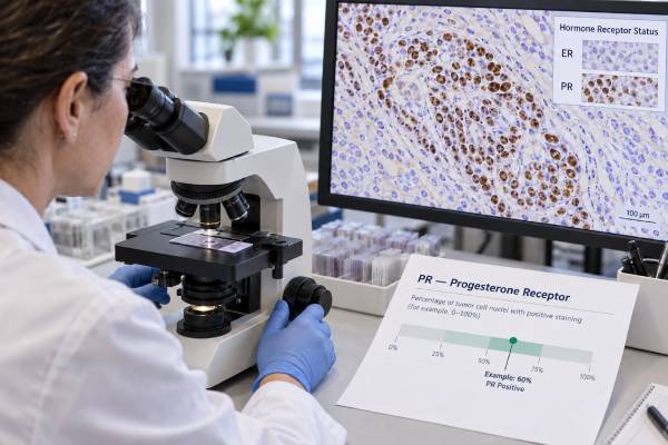 Progesterone Receptor (PR) Test: Breast Cancer Hormone Receptor Status, Positive Score, and Meaning The progesterone receptor test measures PR nuclear staining in breast cancer; learn the 1% positive threshold, how PR is interpreted with ER, and what low or negative results mean.