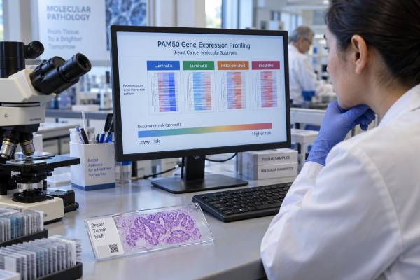 Prosigna PAM50 Test: Breast Cancer Subtype, Recurrence Risk, and Molecular Classification Prosigna PAM50 measures breast tumor gene expression to report molecular subtype and a 0–100 Risk of Recurrence score; learn how nodal status and menopause shape interpretation.