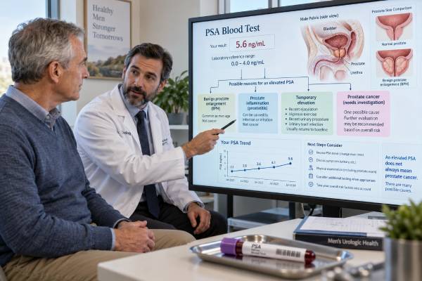 Learn how to interpret a PSA blood test, why there is no single normal cutoff, what benign conditions can raise PSA, how results relate to prostate cancer risk, and what follow-up may involve.