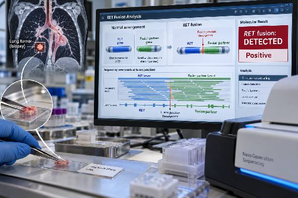 RET Fusion Test for Lung Cancer: Gene Fusion, Positive Result, and Molecular Meaning Understand RET fusion testing in lung cancer, including positive-result meaning, KIF5B and CCDC6 partners, RNA NGS versus FISH, negative-result limits, and next steps.