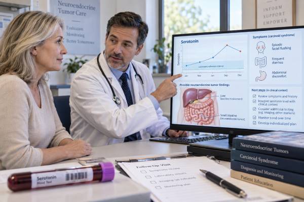 Learn what a serotonin blood test can show in carcinoid syndrome and neuroendocrine tumors, what high levels mean, why 5-HIAA is often preferred, and how results are monitored.