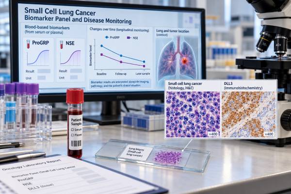 Small Cell Lung Cancer Biomarker Panel: ProGRP, NSE, DLL3, and Disease Monitoring Understand how ProGRP, NSE, and DLL3 biomarkers are used in small cell lung cancer, including blood-test trends, DLL3 expression, monitoring limits, and result interpretation.