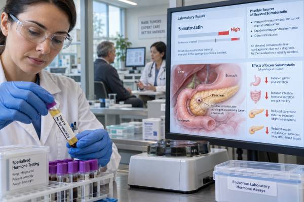 Learn what a somatostatin blood test measures, what high levels can mean in somatostatinoma, how fasting and specimen handling affect results, and how neuroendocrine tumors are confirmed.
