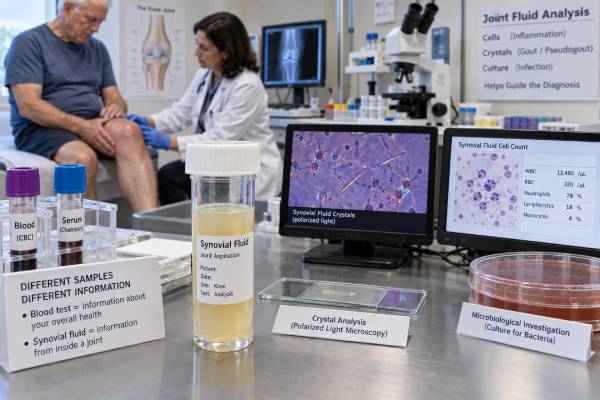 Synovial Fluid Analysis Test: Joint Fluid, Crystals, Infection, and Inflammation Understand what a synovial fluid analysis tests, how joint fluid cell counts, crystals, Gram stain, and culture help distinguish infection, gout, inflammation, bleeding, and degenerative disease.