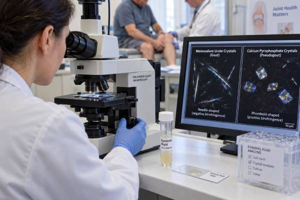 Synovial Fluid Crystal Analysis Test: Gout, Pseudogout, Uric Acid Crystals, and Meaning Learn how synovial fluid crystal analysis identifies monosodium urate in gout and calcium pyrophosphate in pseudogout, what positive or negative results mean, and why infection may still need to be excluded.