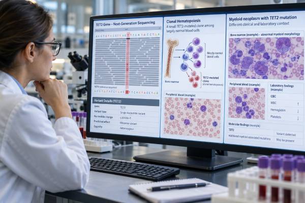 TET2 Mutation Test: Blood Cancer, Clonal Hematopoiesis, Myeloid Neoplasms, and Mutation Meaning Understand TET2 mutation testing, including CHIP and CCUS, AML and MDS associations, variant allele frequency, cancer risk, prognosis, and appropriate follow-up.