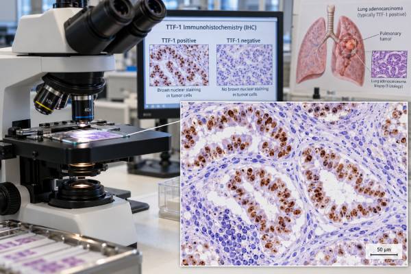TTF-1 IHC Test for Lung Cancer: Tumor Origin, Adenocarcinoma Marker, and Positive Staining Learn how the TTF-1 IHC test helps identify lung adenocarcinoma, what positive or negative nuclear staining means, and why other markers are needed.