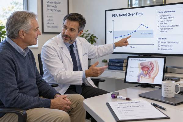Understand total PSA testing, why normal ranges are not absolute, common causes of high PSA, how screening decisions are made, and how PSA is interpreted after prostate cancer treatment.