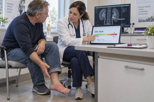 Uric Acid Blood Test: Gout Risk, High Levels, Joint Pain, and Kidney Stones Understand uric acid blood test results, common causes of high levels, why gout can occur with a normal value during a flare, how kidney stones are evaluated, and the treatment target below 6 mg/dL.