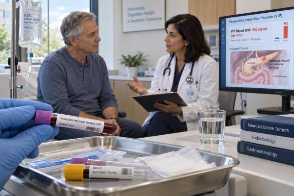 Learn what a VIP blood test measures, how high VIP supports VIPoma in severe watery diarrhea, why potassium loss can be dangerous, and how testing, imaging, treatment, and monitoring fit together.