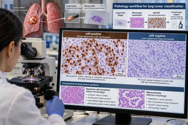 p40 IHC Test for Lung Cancer: Squamous Cell Marker, Tumor Classification, and Positive Staining Learn how p40 IHC helps classify lung squamous cell carcinoma, what positive nuclear staining means, how p40 compares with p63 and TTF-1, and its key limitations.