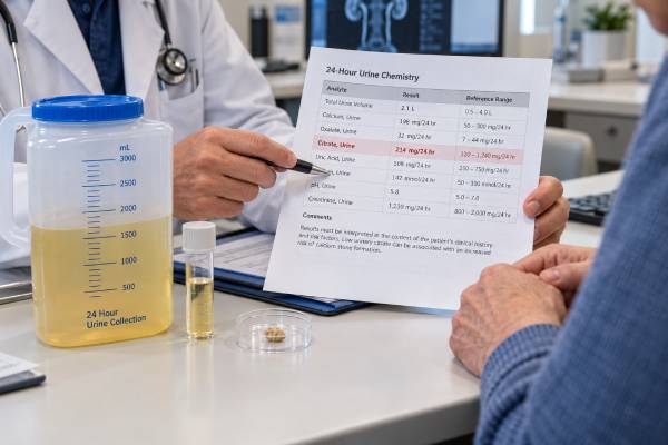 Learn what a 24-hour urine citrate test measures, what low citrate means, how hypocitraturia raises kidney stone risk, and how urine pH affects treatment.