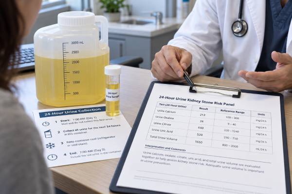 24-Hour Urine Kidney Stone Risk Test: Calcium, Oxalate, Citrate, Uric Acid, and Volume Learn how a 24-hour urine kidney stone risk test measures calcium, oxalate, citrate, uric acid, urine volume, pH, and other factors to guide prevention.