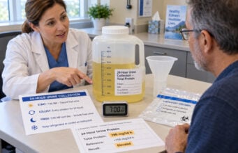 24-Hour Urine Protein Test: Proteinuria, Kidney Damage, Collection, and Results Learn how a 24-hour urine protein test is collected, what proteinuria ranges mean, common causes of high protein, and what follow-up tests may show.
