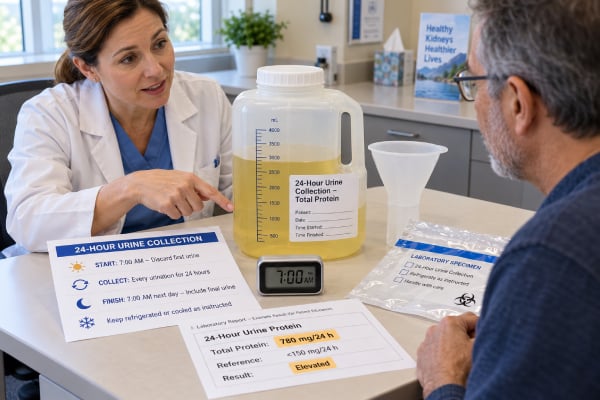 24-Hour Urine Protein Test: Proteinuria, Kidney Damage, Collection, and Results Learn how a 24-hour urine protein test is collected, what proteinuria ranges mean, common causes of high protein, and what follow-up tests may show.