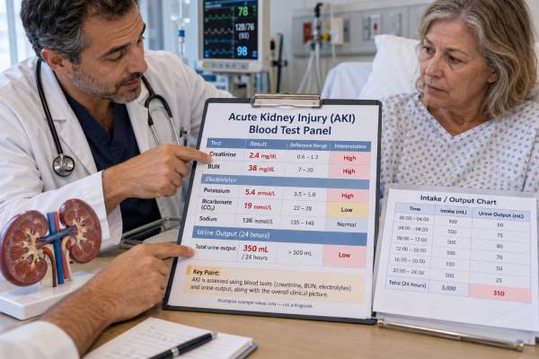Understand an acute kidney injury blood test panel, including creatinine, BUN, potassium, bicarbonate, urine output, AKI stages, causes, and urgent warning signs.