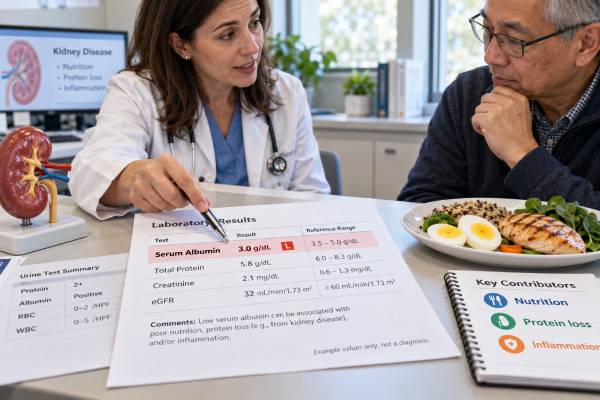 Learn how to interpret an albumin blood test in kidney disease, including normal ranges, low albumin, protein loss, nephrotic syndrome, nutrition, inflammation, and follow-up.