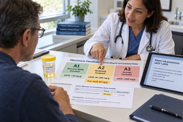 Albuminuria Test: Normal, Moderately Increased, Severely Increased, and Kidney Risk Understand albuminuria A1, A2, and A3 ranges, why repeat uACR testing matters, and how albumin levels combine with eGFR to show kidney and heart risk.