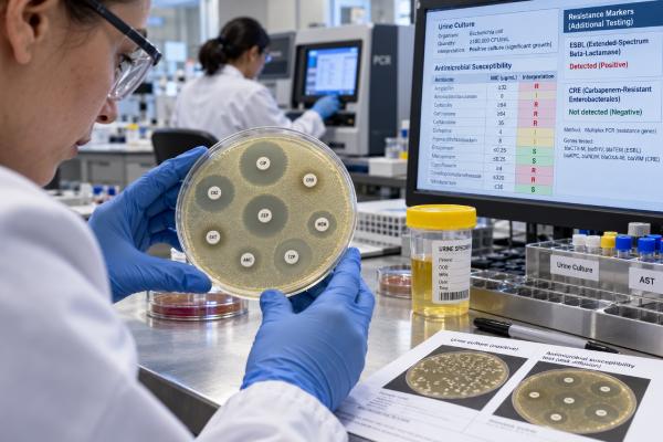 Learn how antibiotic-resistant UTI testing identifies ESBL, CRE, resistance genes, and antibiotic susceptibility, and how culture results guide treatment and follow-up.