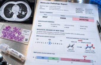 Understand BRAF V600E testing in lung cancer, including what a positive or negative result means, tissue and ctDNA methods, limitations, and treatment relevance.