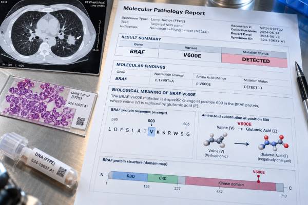 BRAF V600E Test for Lung Cancer Mutation Status, Positive Result, and Molecular Meaning Understand BRAF V600E testing in lung cancer, including what a positive or negative result means, tissue and ctDNA methods, limitations, and treatment relevance.