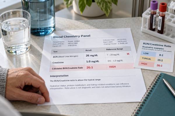 Learn how to interpret a high or low BUN/creatinine ratio, what values around 10:1–20:1 mean, how dehydration affects the ratio, and why kidney function requires more than this single calculation.