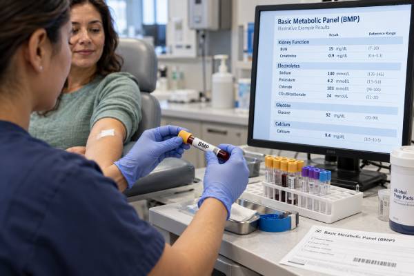 Learn what a basic metabolic panel (BMP) measures, including creatinine, BUN, electrolytes, bicarbonate, glucose, and calcium, plus normal ranges and abnormal result patterns.