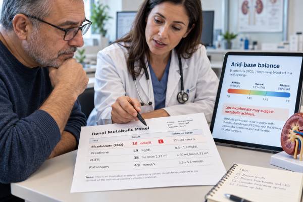 Bicarbonate Blood Test in Kidney Disease Metabolic Acidosis, Low Levels, and CKD Meaning Understand bicarbonate blood tests in kidney disease, including low CO2 levels, metabolic acidosis, CKD causes, anion gap interpretation, treatment thresholds, and monitoring.