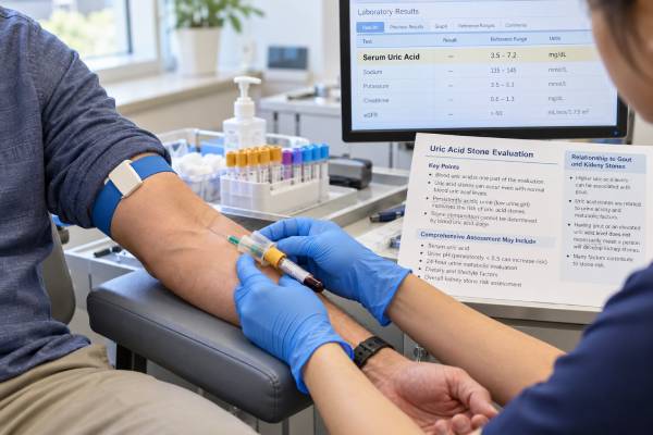 Blood Uric Acid Test for Kidney Stones: Gout, Uric Acid Stones, and Stone Risk Learn how a blood uric acid test relates to gout and kidney stones, why urine pH matters most for uric acid stones, and how high or normal results are interpreted.