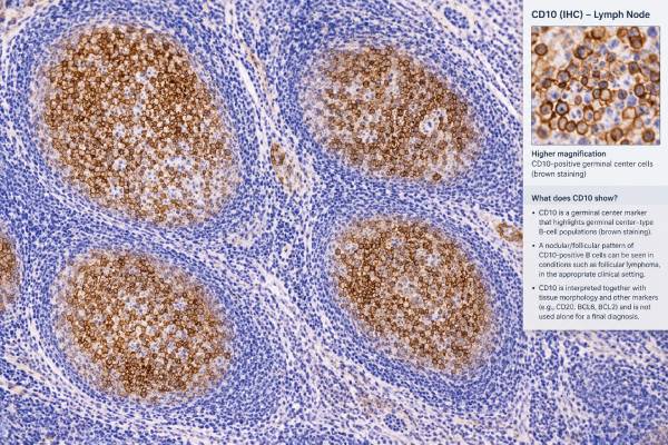 CD10 IHC Test: Follicular Lymphoma, Germinal Center Marker, and Positive Staining Learn what a positive CD10 IHC result means in follicular lymphoma and other lymphomas, how germinal center staining is interpreted, and why companion tests matter.