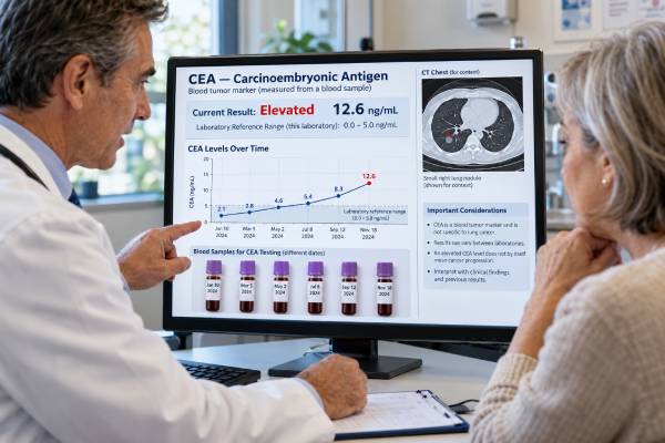 Learn how the carcinoembryonic antigen (CEA) test is used in lung cancer, what high levels can mean, common non-cancer causes, reference ranges, and why serial trends matter.