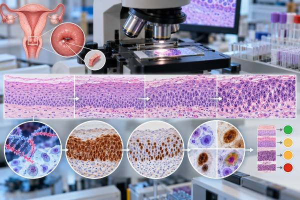 Understand cervical cancer biomarkers including high-risk HPV, p16, Ki-67 dual stain, dysplasia risk, biopsy markers, and tumor tests used after diagnosis.