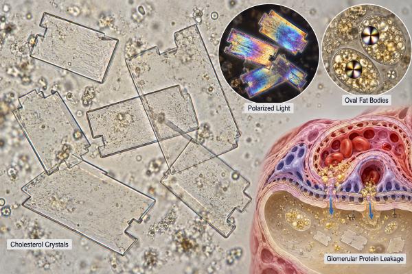 Cholesterol Crystals in Urine: Nephrotic Syndrome and Heavy Proteinuria Cholesterol crystals in urine can signal lipiduria from nephrotic syndrome and heavy proteinuria. Learn what they look like, causes, tests, and follow-up.